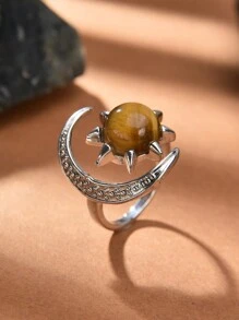 1 pieza Anillo abierto con estrella y luna de cristal y piedra natural, adecuado para uso diario por hombres y mujeres - Multicolor - Ver 7