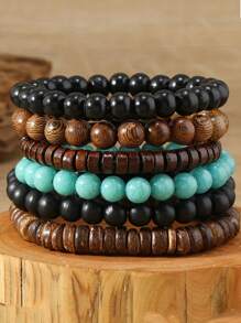 42 Pcs Boho Wooden Bead Bracelet Set, Stackable Stretch Mixed Color Handcrafted Bracelets With Turtle And Feather & Leaf Shaped Pendant, Holiday Couples Gift & All-Season Accessory - 彩色 - 查看 8