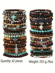 42 Pcs Boho Wooden Bead Bracelet Set, Stackable Stretch Mixed Color Handcrafted Bracelets With Turtle And Feather & Leaf Shaped Pendant, Holiday Couples Gift & All-Season Accessory - 彩色 - 查看 9