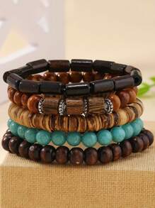 42 Pcs Boho Wooden Bead Bracelet Set, Stackable Stretch Mixed Color Handcrafted Bracelets With Turtle And Feather & Leaf Shaped Pendant, Holiday Couples Gift & All-Season Accessory - 彩色 - 查看 5