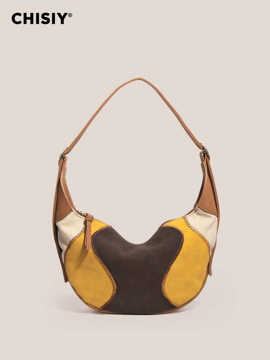 Bolsos Para Mujer Original Handmade Bologna Fashionable Patchwork Art Color Block Large Capacity Multi-Color Crescent Tote Bag, Casual Business Lady Commute Bag, Elegant Design Shopping Multi-Function Shoulder Bag, Valentine's Day/New Year Gift, Suitable For Work Commute, Shopping, Travel, Autumn/Winter