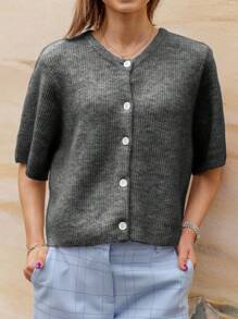 Women's Solid Color Cardigan Short Sleeve Round Neck Button Down Sweater Knit Tops - Dark Grey - View 2