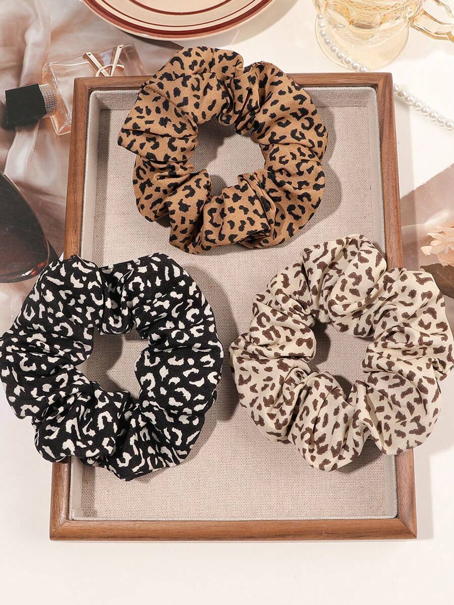 3-Pack Elegant Vintage Polka Dot & Leopard Print Fabric Hair Scrunchies, Daily/Home Hair AccessoriesHair Ties Scrunchy Hair Ties Ponytail Head Accessories - Multicolor - View 1