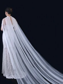 1pc Plain Color Sheer Long Dress Shawl, Detachable Brooch Or Cloak Style Wrap, Bridal Wedding Cape Fall Clothes For Women