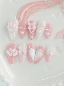 10pcs Coffin Shaped Nail Art Designs, Romantic Nail Art For Valentine's Day, Gentle & Sensual Fairy Nail Art Designs, Press-On Nails, DIY False Nails, French Manicure, Pink Nails, Pink Heart Beat Nail Art, White Wings & Heart Decor, Double Heart Border Tapestry Pattern Design, Decorated With Faux Pearls, Nail Art Supplies Handmade Press On Nails - Multicolor - View 3