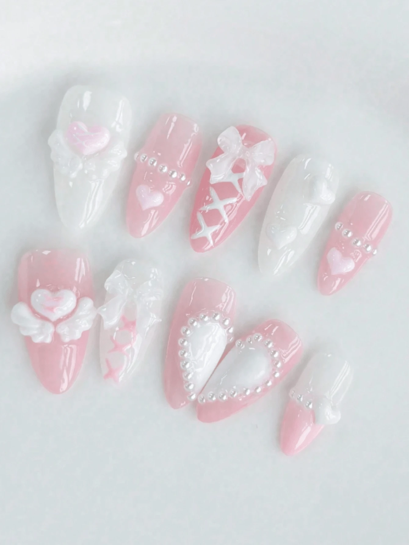 10pcs Coffin Shaped Nail Art Designs, Romantic Nail Art For Valentine's Day, Gentle & Sensual Fairy Nail Art Designs, Press-On Nails, DIY False Nails, French Manicure, Pink Nails, Pink Heart Beat Nail Art, White Wings & Heart Decor, Double Heart Border Tapestry Pattern Design, Decorated With Faux Pearls, Nail Art Supplies Handmade Press On Nails