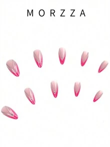 Actualiza tu apariencia al instante con el kit de 24 piezas de uñas postizas elegantes, vintage, sencillas y modernas con decoración de cristales, líneas plateadas y brillo en forma de V en color rosa, adecuado para chicas y mujeres elegantes y refinadas para usar en la vida diaria y de compras. - Rosa - Ver 2