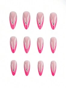 Actualiza tu apariencia al instante con el kit de 24 piezas de uñas postizas elegantes, vintage, sencillas y modernas con decoración de cristales, líneas plateadas y brillo en forma de V en color rosa, adecuado para chicas y mujeres elegantes y refinadas para usar en la vida diaria y de compras. - Rosa - Ver 5
