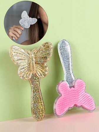 1 件蝴蝶按摩梳，顺滑秀发不打结手柄按摩梳，亮面闪闪蝴蝶外观，女性日常用品，情人节礼物