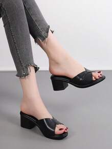 夏季新款露趾粗跟白色女士高跟凉鞋 - 黑色 - 查看 2