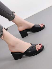 夏季新款露趾粗跟白色女士高跟凉鞋 - 黑色 - 查看 3