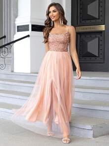 Joyfunear 女士亮面吊带露背半透明连衣裙 - 香檳色 - 查看 5