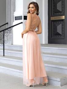 Joyfunear 女士亮面吊带露背半透明连衣裙 - 香檳色 - 查看 6