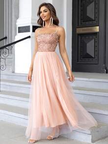 Joyfunear 女士亮面吊带露背半透明连衣裙 - 香檳色 - 查看 2