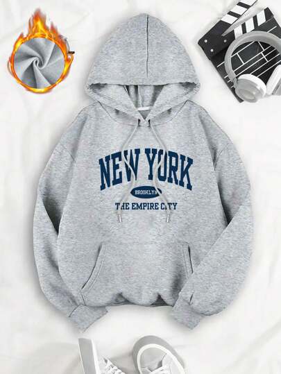 Women's Fleece Hooded Sweatshirt, Sporty Style, With New York Font Pattern. Suitable For Gatherings, Sports, Outdoor Leisure And Other Scenarios, Ladies In Winter