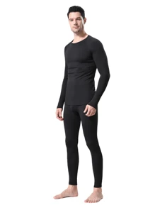 2pcs Mens Padded Warm Sports Compression Pants Sports Compression Top Sports Bottom Pants Sports Bottom T-Shirt Reinforced 4D Stretchy Running Gear Underwear, Winter Cold Warm Compression Pants Heated Tight Men's Long Sleeve For Winter Warmth - Black - View 6