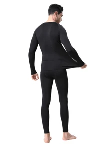 2pcs Mens Padded Warm Sports Compression Pants Sports Compression Top Sports Bottom Pants Sports Bottom T-Shirt Reinforced 4D Stretchy Running Gear Underwear, Winter Cold Warm Compression Pants Heated Tight Men's Long Sleeve For Winter Warmth - Black - View 3