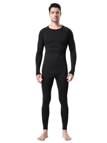 2pcs Mens Padded Warm Sports Compression Pants Sports Compression Top Sports Bottom Pants Sports Bottom T-Shirt Reinforced 4D Stretchy Running Gear Underwear, Winter Cold Warm Compression Pants Heated Tight Men's Long Sleeve For Winter Warmth - Black - View 5