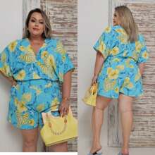 Women's Plus Size Batwing Jumpsuit With Waistband And Pockets - Màu xanh nhạt - Xem 2