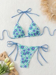 New Soft Fabric Solid & Printed Spaghetti Strap Drawstring Bikini Set, Fashionable Women Swimming Suit For Summer Beach - Green - View 1