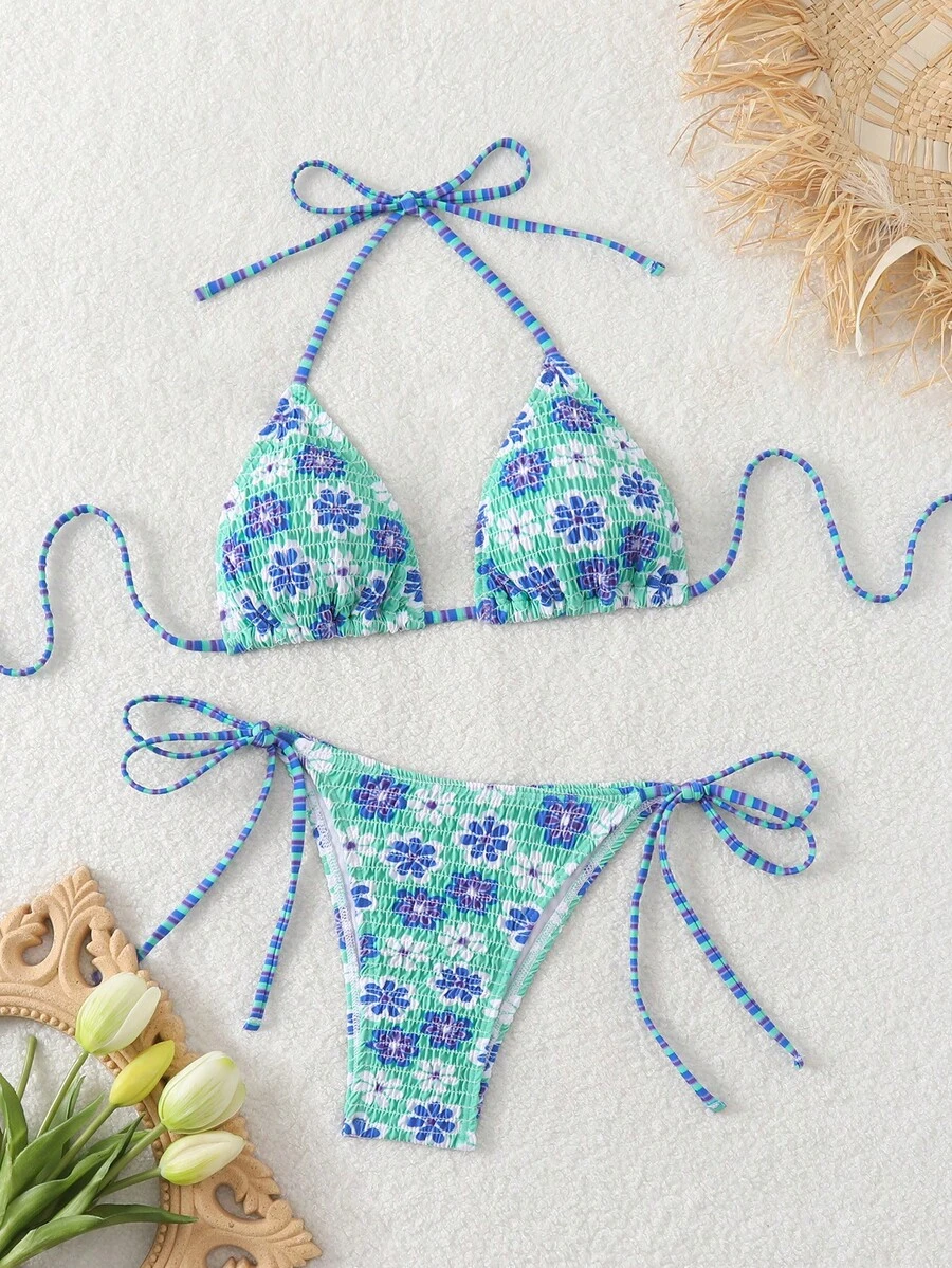 New Soft Fabric Solid & Printed Spaghetti Strap Drawstring Bikini Set, Fashionable Women Swimming Suit For Summer Beach - Green - View 1