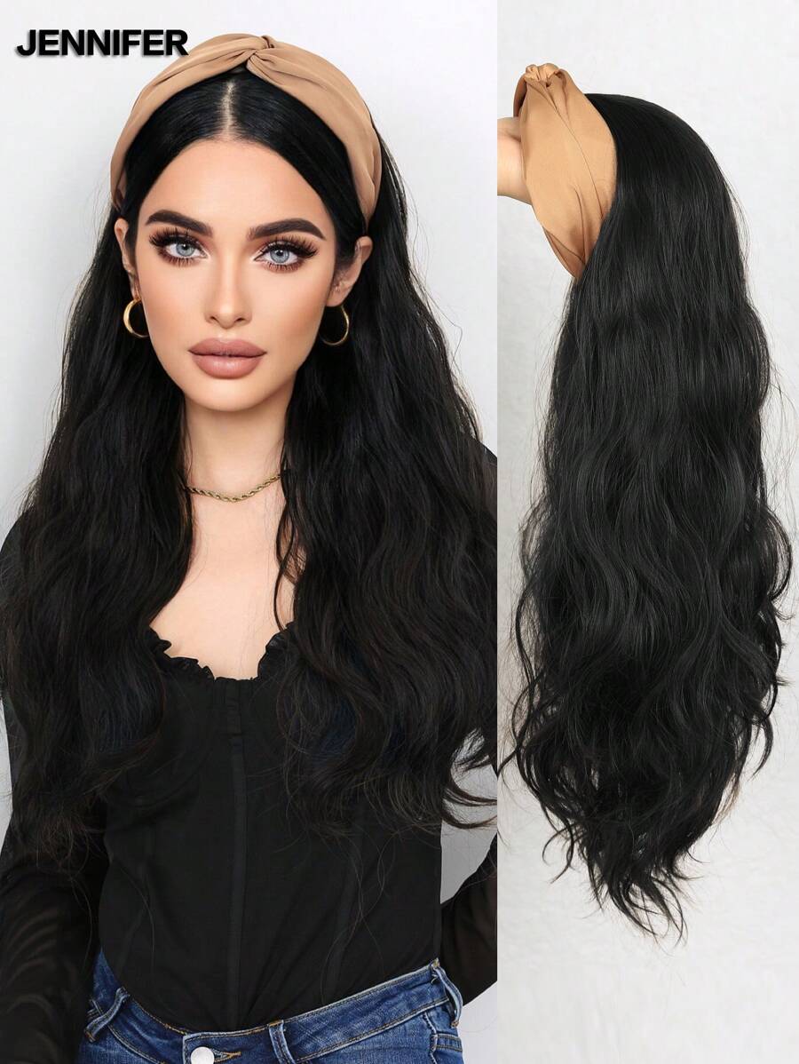 24 英寸卡其色扭纹头带假发合成长卷发假发黑色（浅棕色）蓬松波浪耐热纤维假发适合女性日常使用