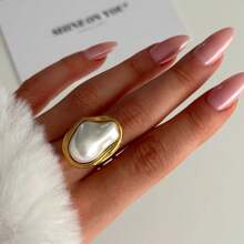 S SHOPBOHO 1pc Stainless Steel Finger Ring Chunky Jewelry Girls Party Outfit Large Irregular Faux Pearl Gold Ring