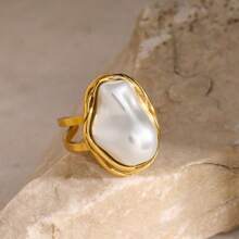 S SHOPBOHO 1pc Stainless Steel Finger Ring Chunky Jewelry Girls Party Outfit Large Irregular Faux Pearl Gold Ring