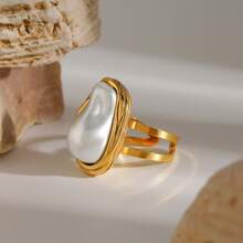 S SHOPBOHO 1pc Stainless Steel Finger Ring Chunky Jewelry Girls Party Outfit Large Irregular Faux Pearl Gold Ring