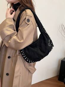 新款休闲百搭绿色绒面铆钉水桶包，女士单肩包适合日常通勤、约会、购物 - 黑色 - 查看 3