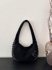 新款休闲百搭绿色绒面铆钉水桶包，女士单肩包适合日常通勤、约会、购物 - 黑色 - 查看 5