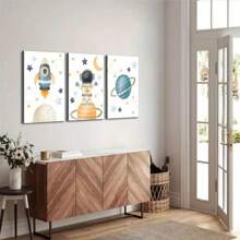 Set de 3 tablouri pe pânză cu tematică spațială - Imprimeuri cu astronauți și planete pentru decorul camerei de copii, camerei de zi, dormitorului, biroului - fără ramă - Multicolor - Vizualizare 4