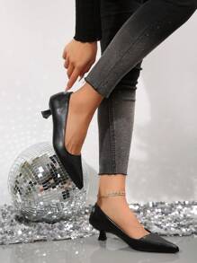 Women's Solid Color Pointed Toe Stiletto Heels, Comfortable & Stylish Spring/Autumn Fashion Pumps - Black - View 4