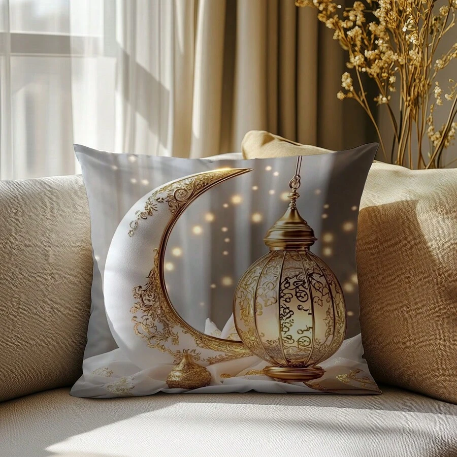 1件斋月简约金色新月灯笼装饰抱枕套，单面柔软桃皮绒面料，45*45厘米/50*50厘米/40*40厘米，适用于现代布艺沙发、室内装饰、派对装饰、礼品 - 彩色 - 查看 1
