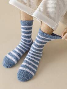 2 Pairs Men's Contrast Color Striped Thickened Warm Coral Fleece House Slipper Socks, Casual And Versatile, Suitable For Autumn/Winter - Multicolor - View 2