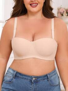 1 Pc Plus Size Cor Sólida Levanta E Sutiã Com Aro De Suporte, Conforto Elegante, Design Minimalista, Alças Ajustáveis, Meia Cobertura Estilo Romântico Francês - Damasco - Ver 5