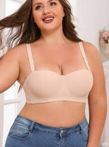 1 Pc Plus Size Cor Sólida Levanta E Sutiã Com Aro De Suporte, Conforto Elegante, Design Minimalista, Alças Ajustáveis, Meia Cobertura Estilo Romântico Francês - Damasco - Ver 4