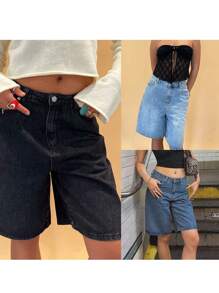 Womens Knee Length Denim Shorts Solid Color High Waist Loose Fit Jean Shorts For Summer - 黑色 - 查看 3