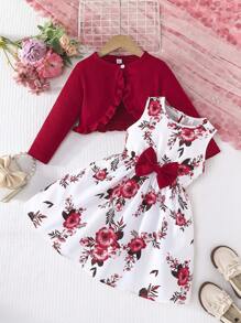 Young Girl 2pcs Outfit Set, Ruffle Trim Jacket And Sleeveless Butterfly & Floral Print Dress, Elegant Spring/Autumn - Burgundy - View 3