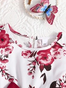 Young Girl 2pcs Outfit Set, Ruffle Trim Jacket And Sleeveless Butterfly & Floral Print Dress, Elegant Spring/Autumn - Burgundy - View 5