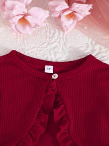 Young Girl 2pcs Outfit Set, Ruffle Trim Jacket And Sleeveless Butterfly & Floral Print Dress, Elegant Spring/Autumn - Burgundy - View 4