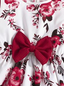 Young Girl 2pcs Outfit Set, Ruffle Trim Jacket And Sleeveless Butterfly & Floral Print Dress, Elegant Spring/Autumn - Burgundy - View 6