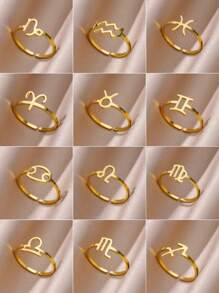1pc 12 Zodiac Sign Ring, Unisex, 18K Gold Plated Stainless Steel Adjustable Open Ring, Fashion Jewelry Accessory, Birthday Gift - Yellow Gold - View 1