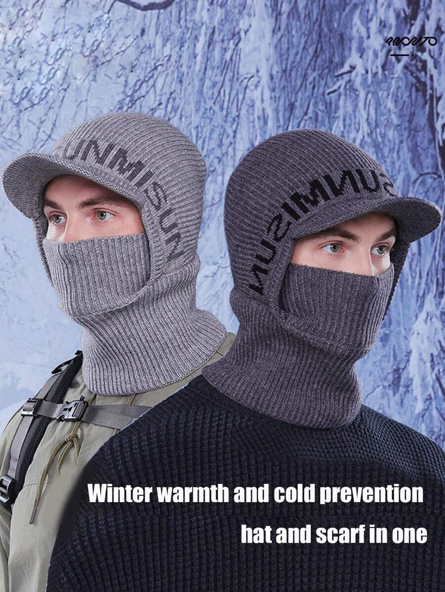 1pc Men's Autumn/Winter Letter Cycling Neck Warmer & Beanie Set, Casual Windproof Knitted Embroidered Ski Hat