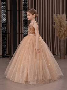 Tween Girl Sequin 3D Bow Tulle Christmas Party Gold Elegant Dress, Princess Dress Suitable For Girls Dresses Birthday Party, Teenage Prom, Flower Girl Wedding Bridesmaid Gown, Thanksgiving, Graduation - Champagne - View 5