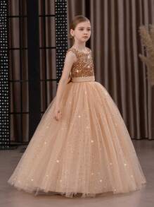 Tween Girl Sequin 3D Bow Tulle Christmas Party Gold Elegant Dress, Princess Dress Suitable For Girls Dresses Birthday Party, Teenage Prom, Flower Girl Wedding Bridesmaid Gown, Thanksgiving, Graduation - Champagne - View 6