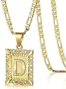 Initial Necklace Square Letter Pendant Necklace Capital Monogram Necklace Alhpabets from A-Z Figaro Chain Necklace - Yellow Gold - View 26