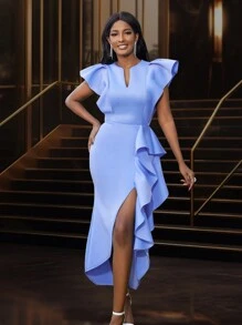 Vestido de fiesta con cuello en pico, mangas cortas y bajo asimétrico, elegante vestido de cóctel semi formal para fiesta, boda, graduación, cena, baile de graduación - Celeste - Ver 3