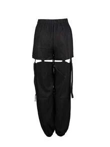 Quần nữ Thắt lưng Cắt ra Túi Dây kéo Nút Nhẫn màu trơn Gợi cảm - màu đen - Xem 2