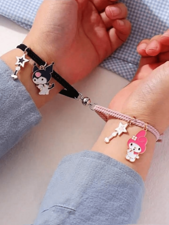  2 件套 Sanrio 人物友谊手链套装，配有磁扣，聚酰胺编织带，动漫风格串饰手链，适合情侣和朋友，手链套装，情侣，动漫物品，万圣节